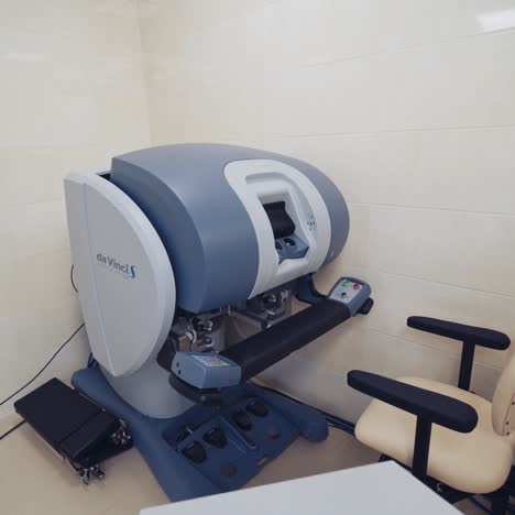 modern surgical equipment in clinic. da vinci surgical system. robotic device. minimally invasive surgical medical robot.