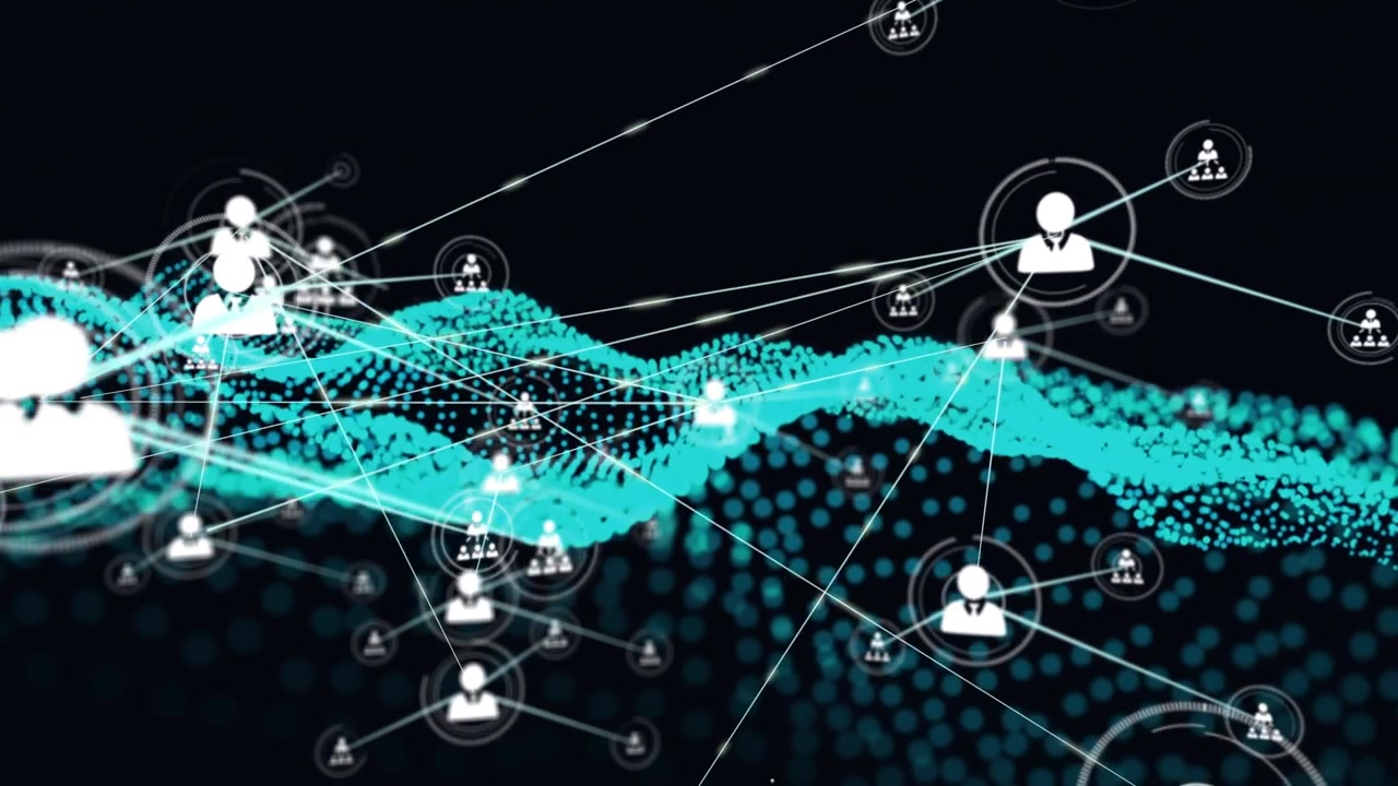 Animation of network of connections with people icons over mesh and black background