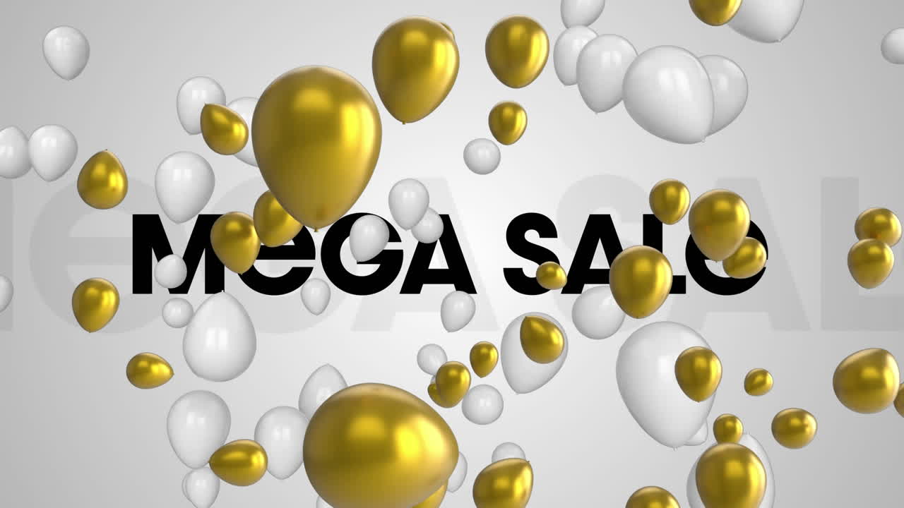 animación digital de varios globos flotando contra el texto de mega venta en fondo gris