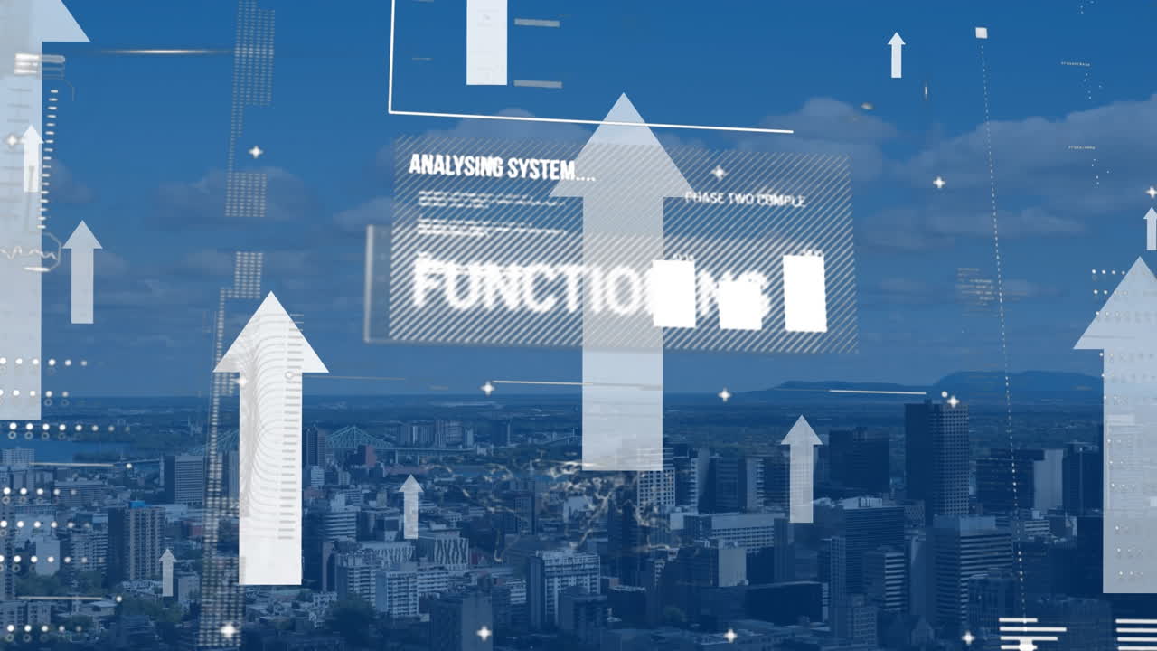 animación de flechas blancas y procesamiento de datos sobre el fondo del paisaje urbano