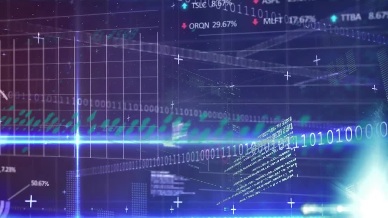 파란색 배경에 밝은 반점 위에 통계 및 증권 시장 데이터 처리의 애니메이션