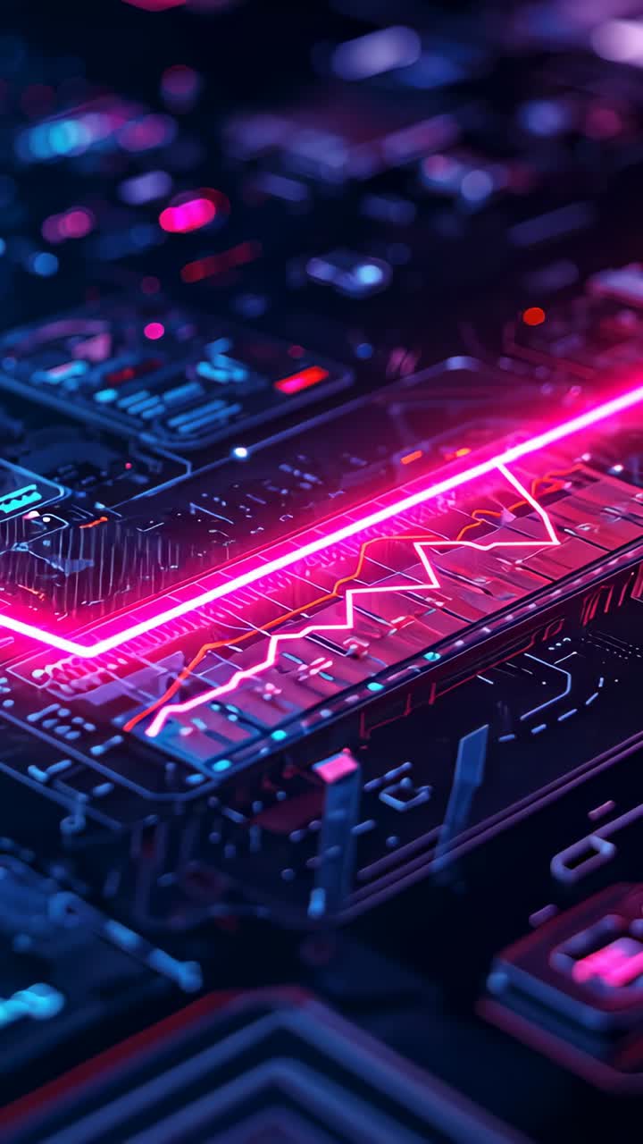 Vertical video: Appearing neon trace, circuitry pulsing line graph across chips, for data analysis