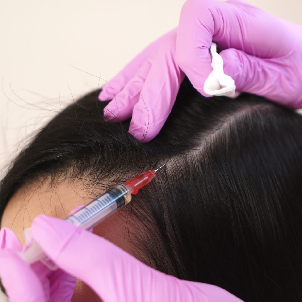 Needle mesotherapy. Cosmetologist makes injections into the scalp. Thrust to strengthen hair and their growth