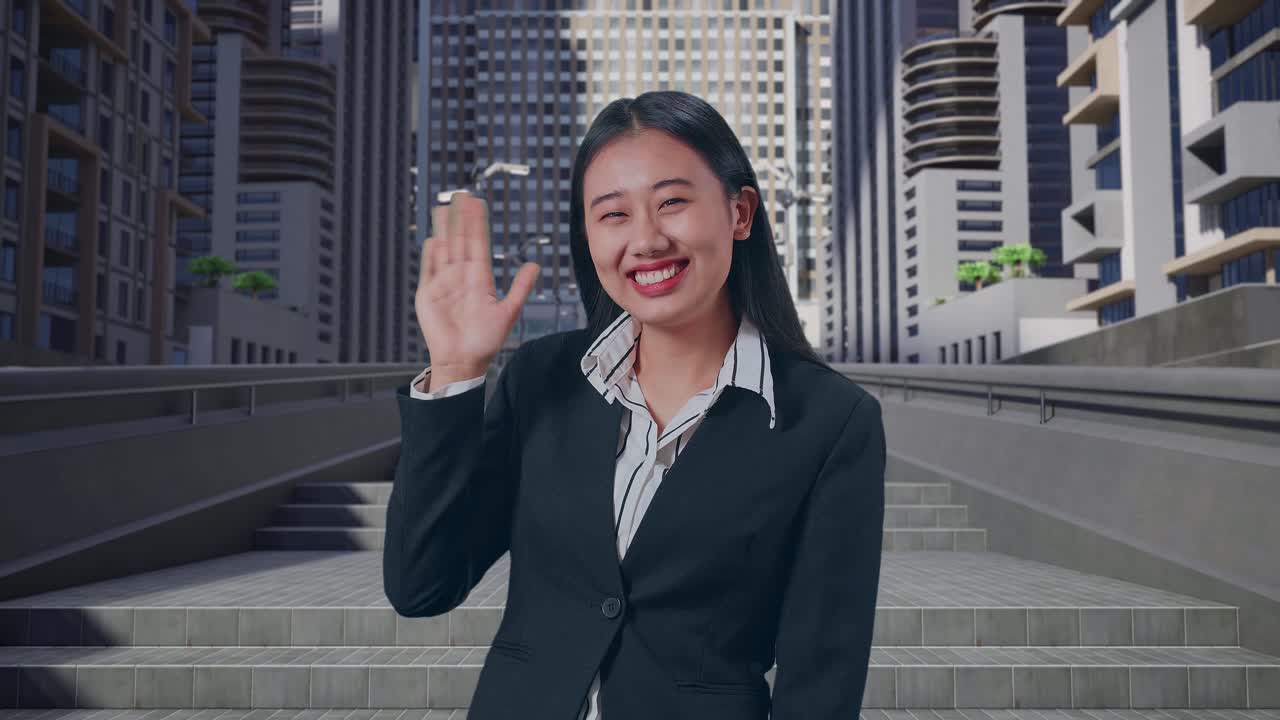 한 아시아 사업가 여성이 도시에서 서서 손을 흔들고 미소 짓고 있습니다.