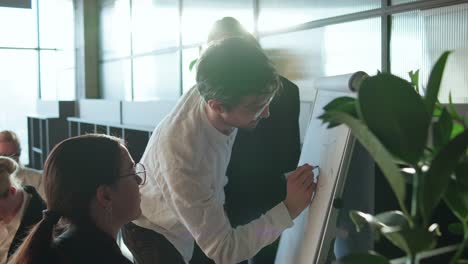 Confident-brunette-man-in-a-white-shirt-together-with-his-colleagues-Business-Woman-draws-a-circular-graph-on-a-stand-to-explain-his-idea.-Close-up-shot-of-a-confident-guy-businessman-talking-about-his-idea-while-drawing-on-a-stand-in-a-modern-office