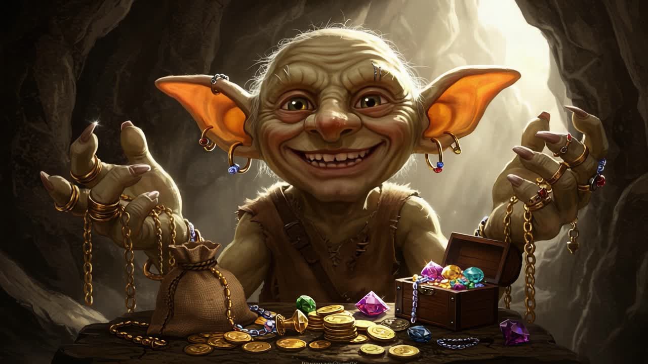 A charming goblin sits amidst a treasure trove of jewels and gold, showcasing an infectious grin while surrounded by his riches in a cavernous setting