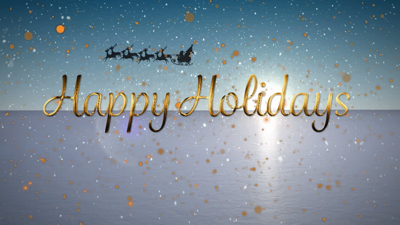 행복한 휴일 텍스트의 애니메이션 산타클로스가 겨울 풍경 위에 사 ⁇ 과 함께  ⁇ 매를 타고