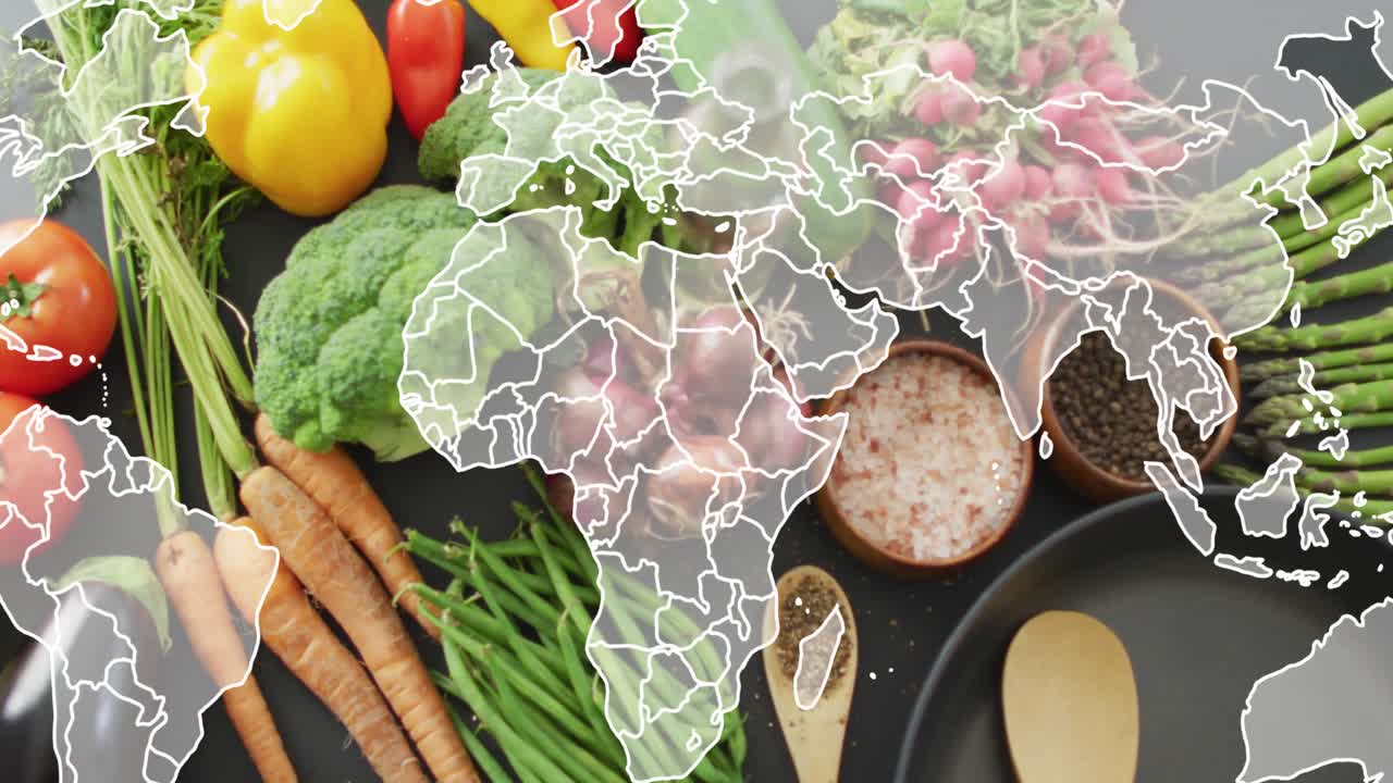 animación del mapa del mundo sobre una mesa de verduras