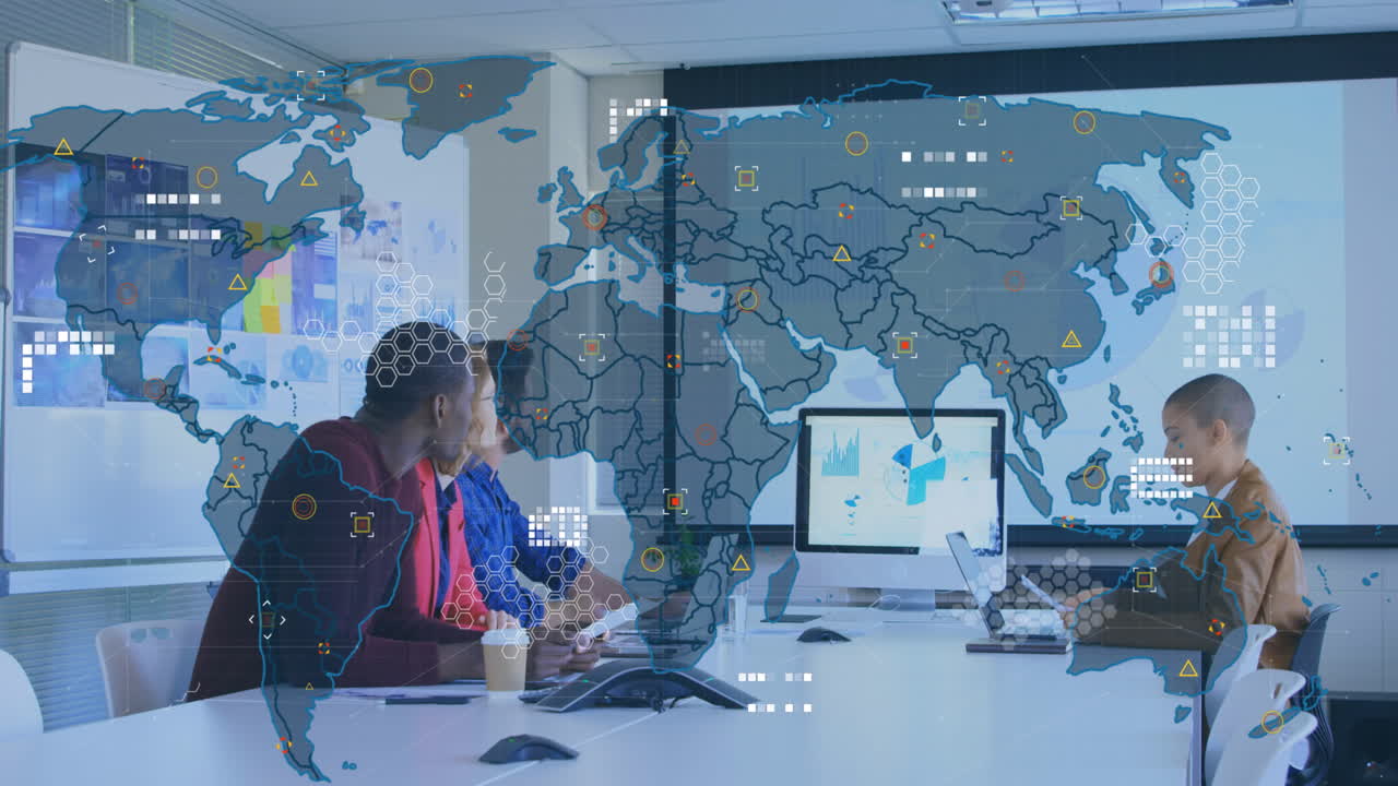 Animation of world map against diverse colleagues discussing together in a meeting room at office