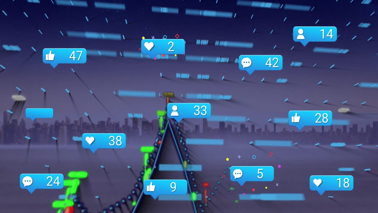 소셜 미디어 아이콘의 애니메이션과 도시 풍경에 대한 데이터 처리