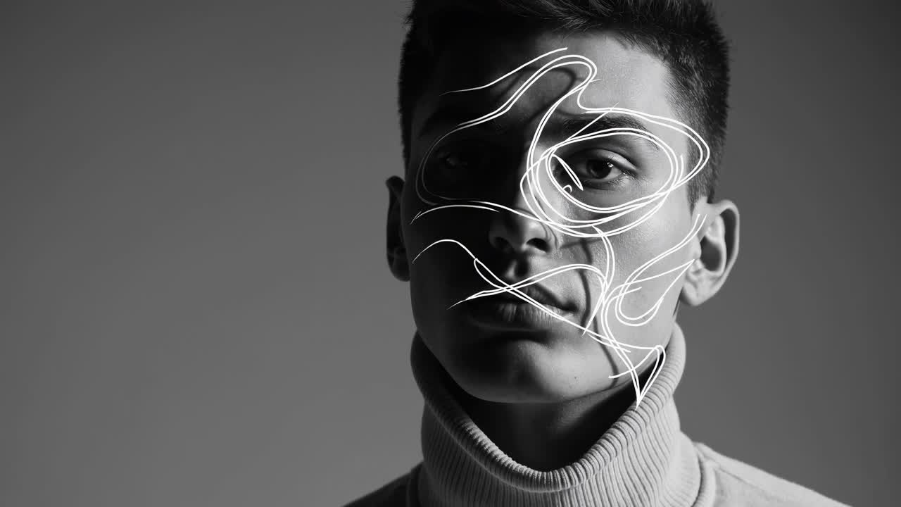 Black and white portrait of a young man wearing a turtleneck sweater with white abstract lines superimposed on his face, creating a surreal and artistic effect