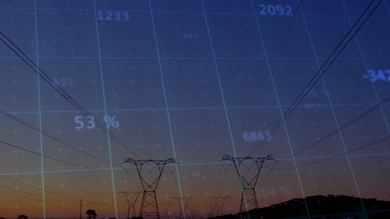 Cámara desplazándose hacia abajo, torres emergiendo, cuadrícula mostrando dígitos cambiantes, datos porcentuales rastreando el flujo de energía.