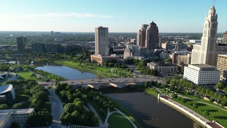 Aerial-Downtown-Overpass-Shot-with-Leveque-Tower-and-traffic