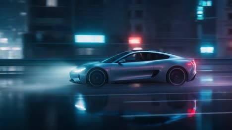 A sleek silver sports car races through a rain-soaked city street at night, illuminated by vibrant neon lights, capturing the essence of urban speed and nightlife