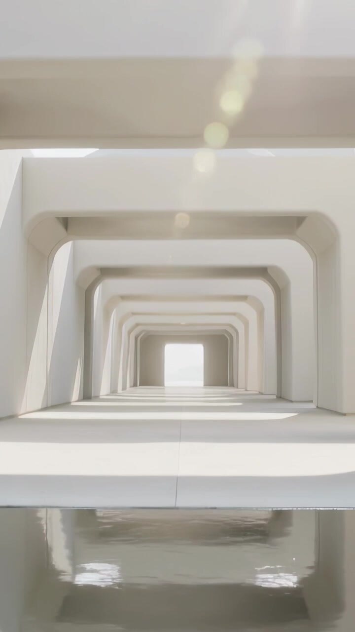 Vertikal video: Stigende kamera viser buer over pool, sollys skaber linseflare mod det ydre.