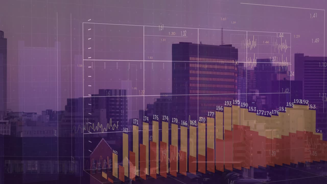 animación del procesamiento de datos financieros sobre el paisaje urbano
