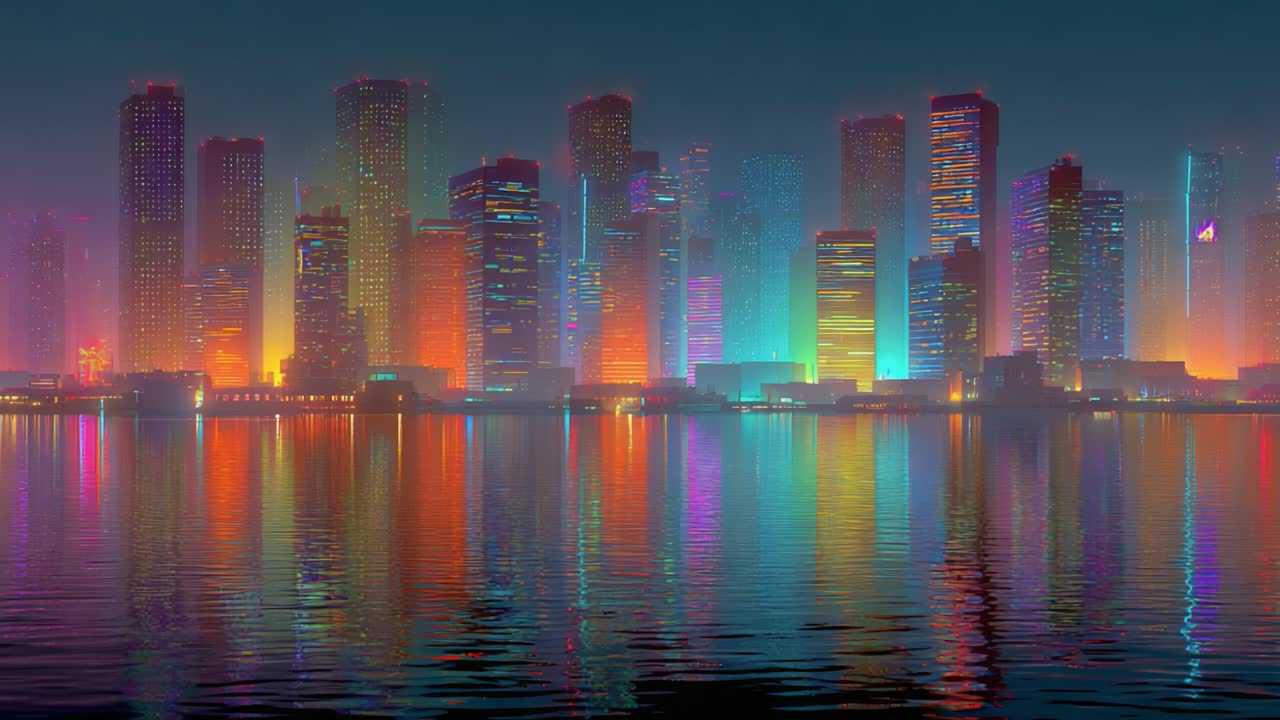 Uma paisagem noturna deslumbrante do horizonte vibrante de uma cidade refletido na água, mostrando a beleza de edifícios iluminados sob um céu noturno