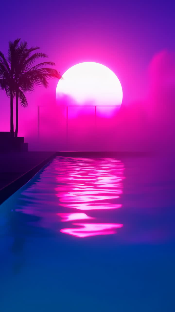 Scena in piscina synthwave vibrante al neon con palma e sfera luminosa