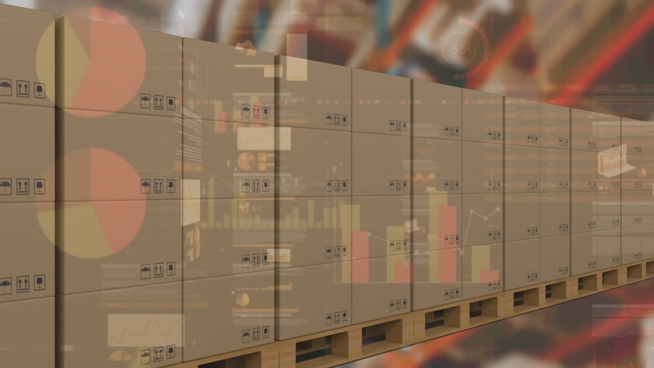 컨베이어 벨트에 있는 카드보드 상자 위에서 금융 데이터 처리의 애니메이션