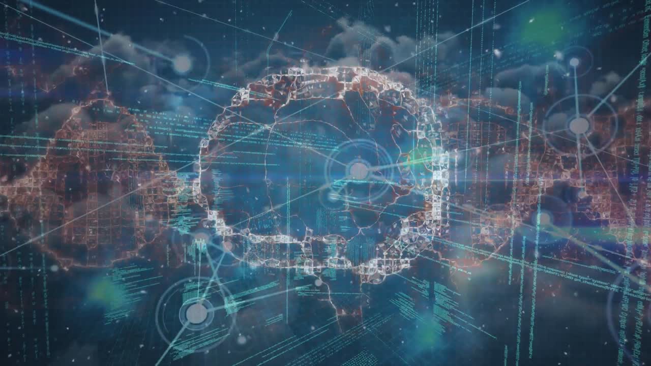 Animation of network of connections with digital brain and data processing over sky with clouds