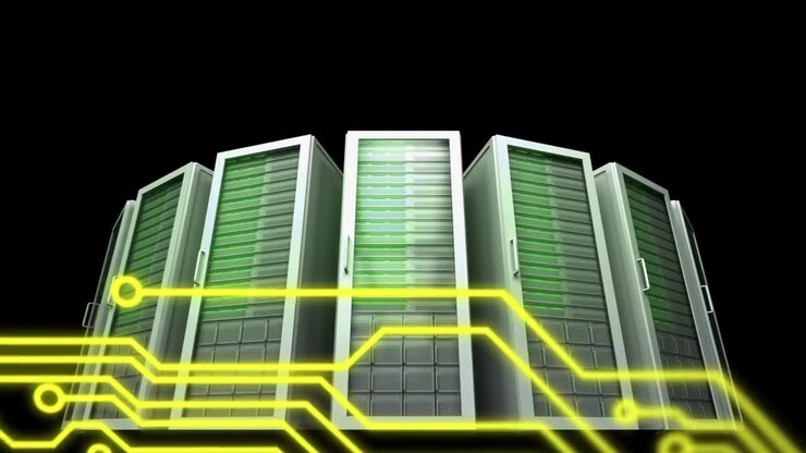 Animation of light trails over server room