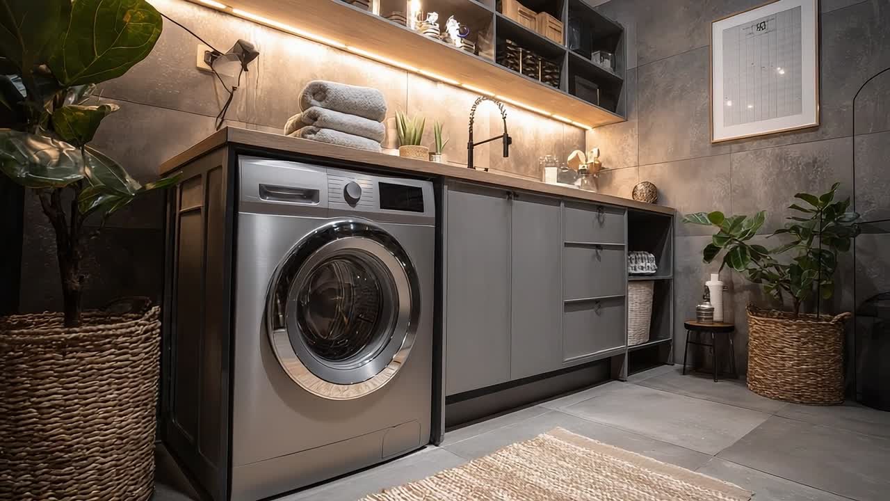 Moderne wasruimte met strak design en georganiseerde opbergruimte.