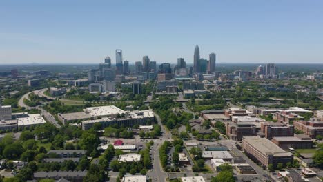 aerial orbiting shot with charlotte skyline in background