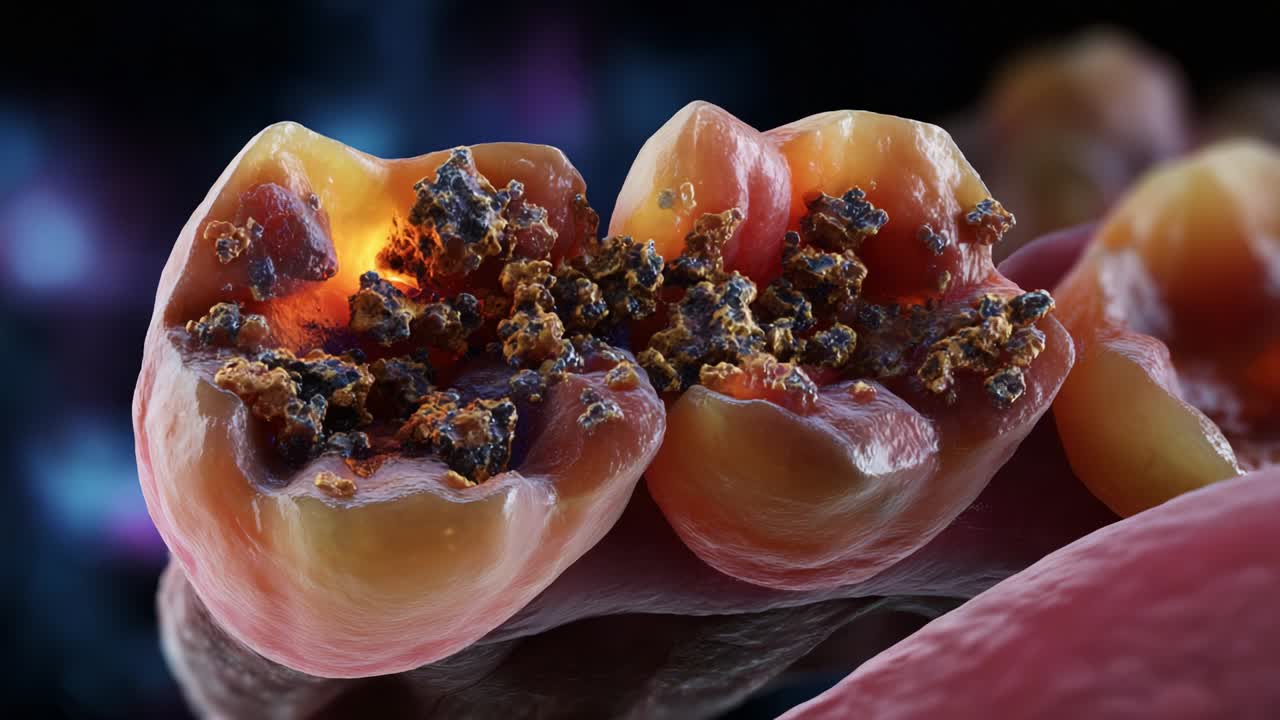 Detailed Visualization of Microscopic Biological Structures Featuring Accumulated Deposits and Cellular Interactions, Illustrating Complex Dynamics Within the Human Body's Interior