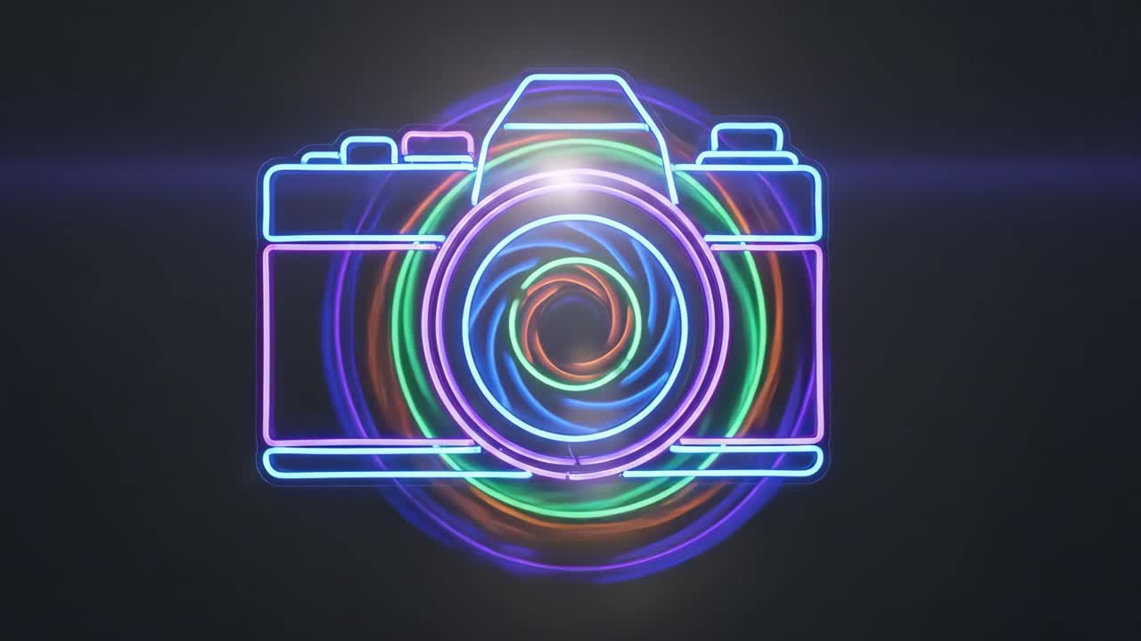 Sinal de câmera neon animado com lente giratória colorida