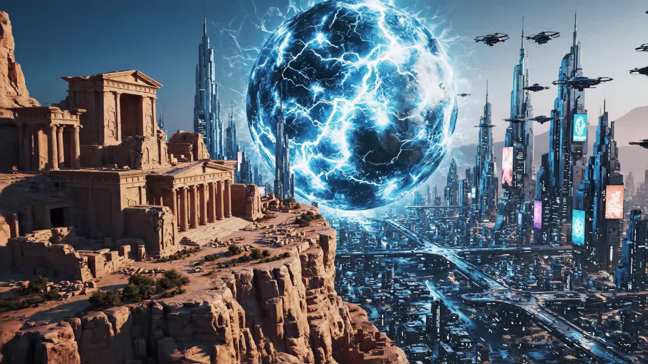 A Futuristic Cityscape with Ancient Ruins and a Sphere of Energy