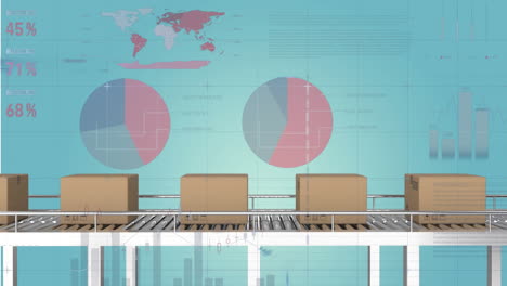 animación del procesamiento de datos estadísticos sobre cajas de entrega en cinta transportadora sobre fondo azul