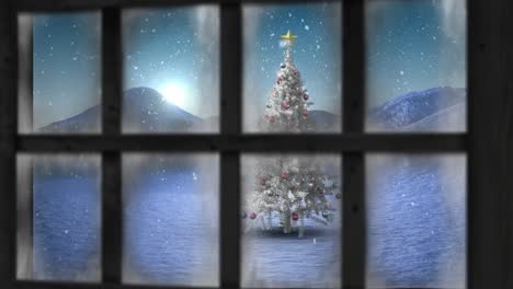 Animation-of-window-view-of-christmas-tree-and-winter-landscape