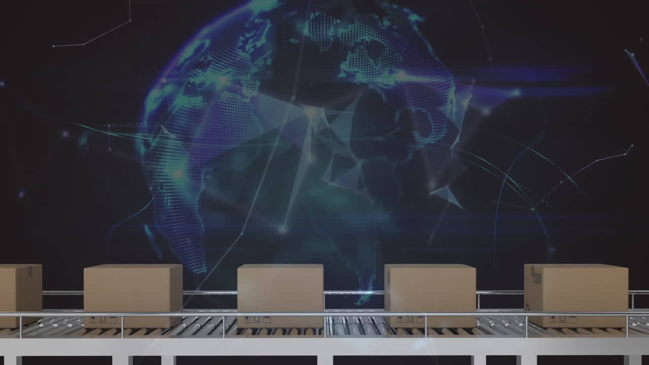 창고의 컨베이어 벨트에 있는 상자 위의 연결 네트워크와 글로브의 애니메이션