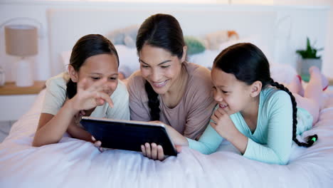 kids, mother and smile with tablet in bedroom