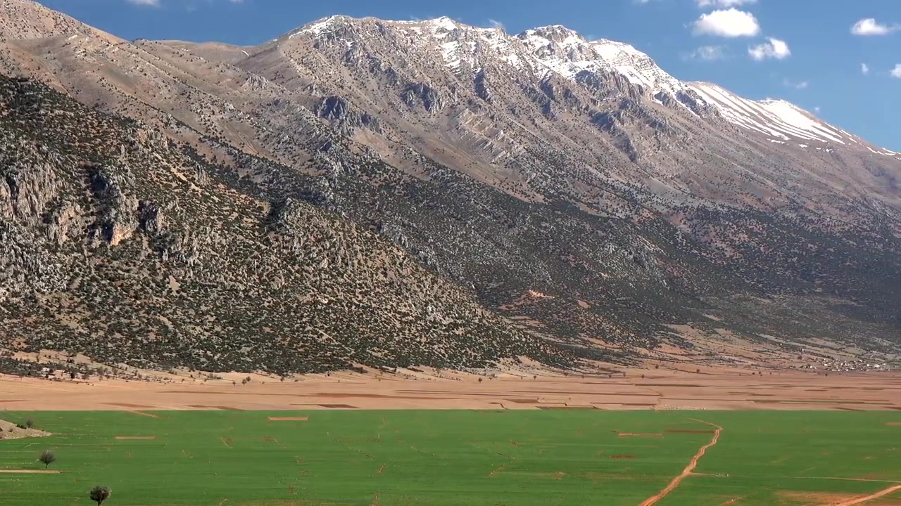 Panoramablick auf ein grünes Tal und schneebedeckte Berge