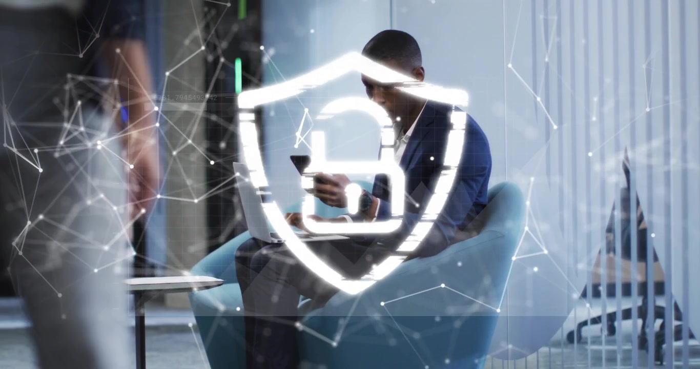 Network nodes drifting into glowing shield lock while user tapping phone for cybersecurity