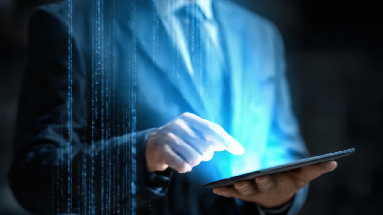 A Business Professional Engages with Technology, Highlighting Data Streams while Using a Tablet in a Modern Office Setting