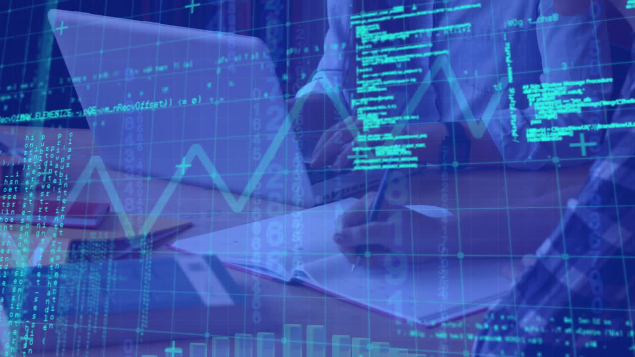 animación de registro de estadísticas y procesamiento de datos sobre el hombre usando computadora portátil en la oficina