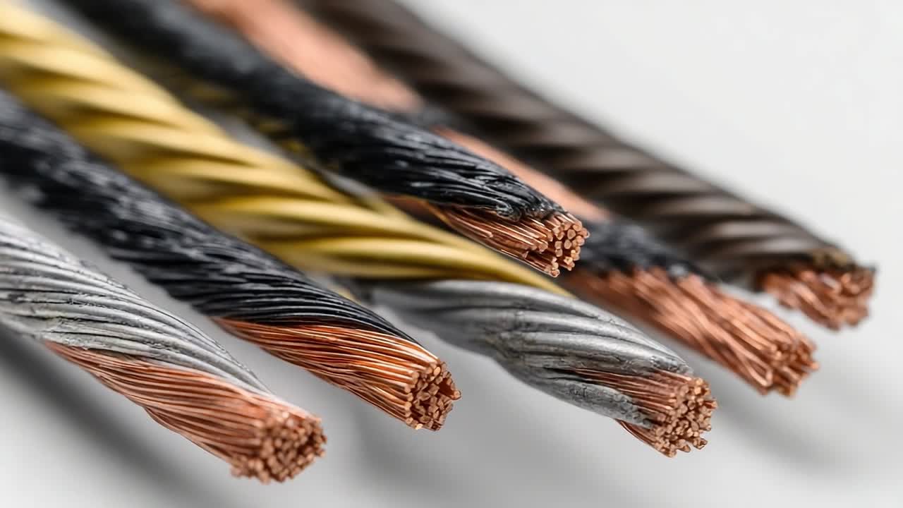 Flere elektriske kobberledninger i forskellige farver vises tæt på