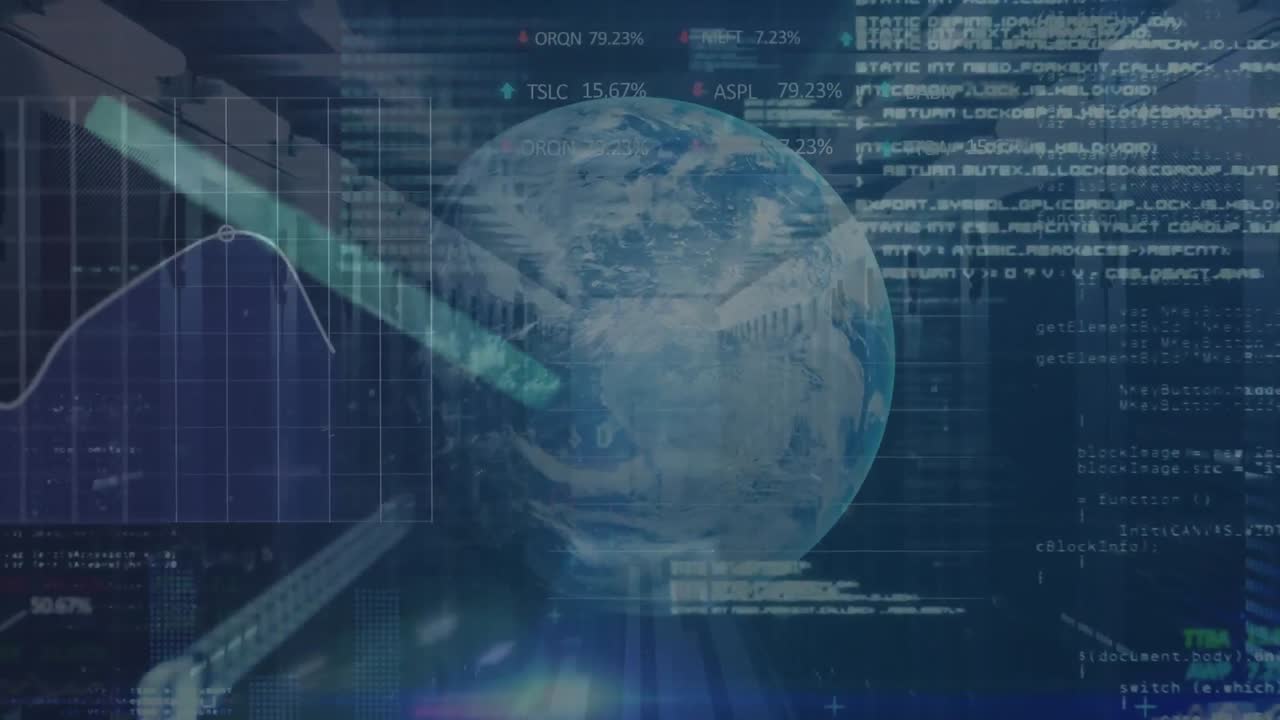 Animation of financial data processing with chip and globe over server room