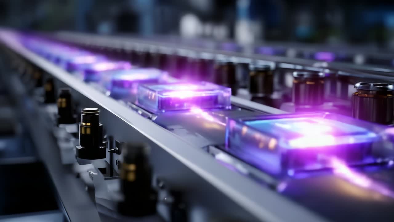 High-Tech Production Process Featuring Advanced Conveyor System with Glowing Components in Motion, Showcasing the Efficient Flow of Materials in a Modern Manufacturing Environment