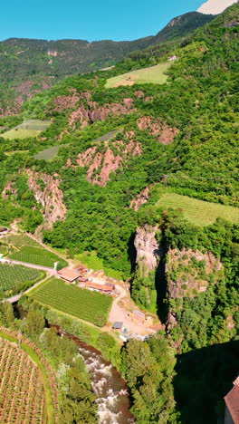 picturesque rocks of bolzano, south tyrol, italy with medieval castle on the spur. drone flight over amazing rocky landscape with fast river and multiple vineyards. vertical video.