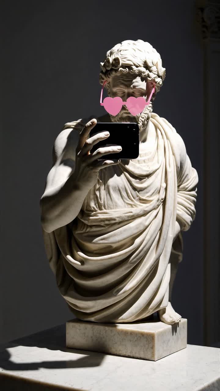 Statua classica con occhiali da sole a forma di cuore che si fa un selfie
