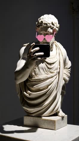 classical statue taking a selfie with heart-shaped sunglasses