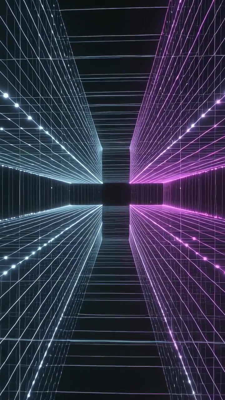 Video verticale: Tunnel al neon pulsante da un punto luce tremolante in VR, griglie ciano o magenta, ingresso scuro.