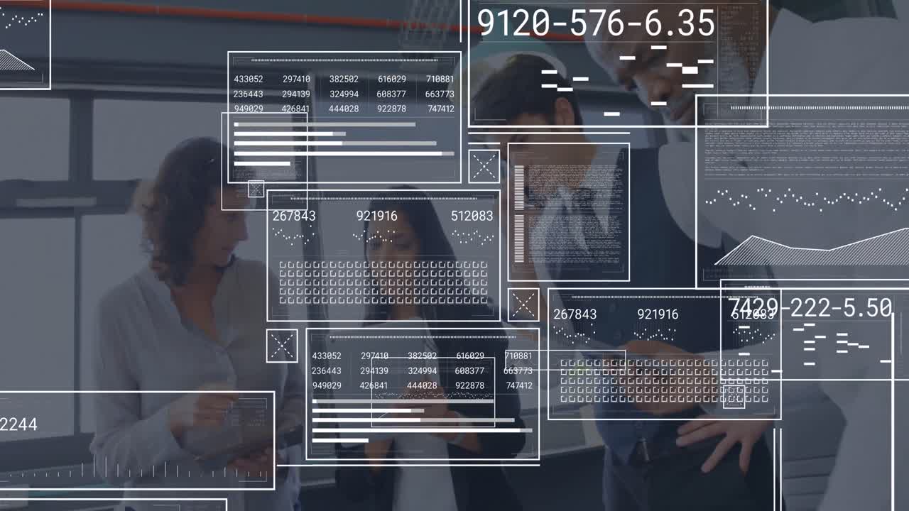 animación de rectángulos con números, barras de carga, datos, gráficos, diversos compañeros de trabajo analizando el informe.