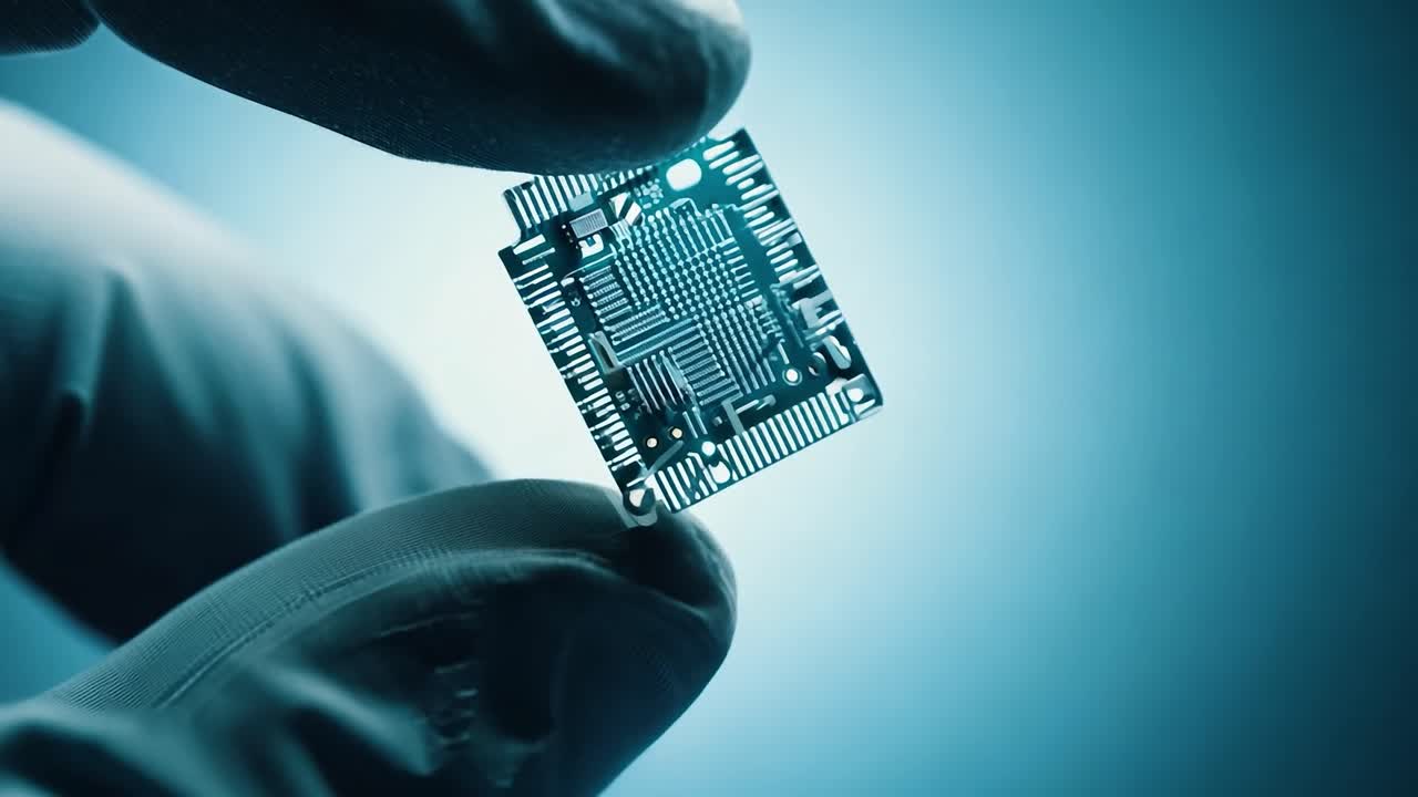 Close-up of a Circuit Board Held by Gloved Hands