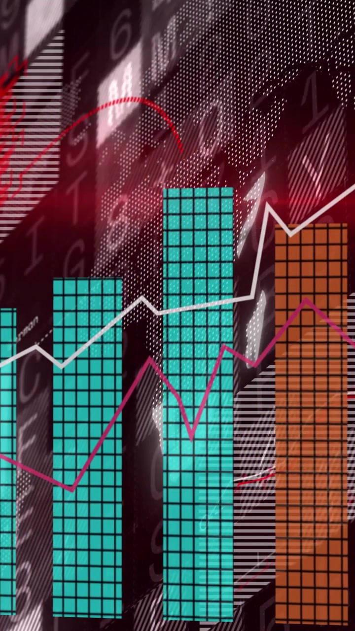 Vertical video: Red curve sweeping grid flashing tiled bars rising trend lines moving showing data