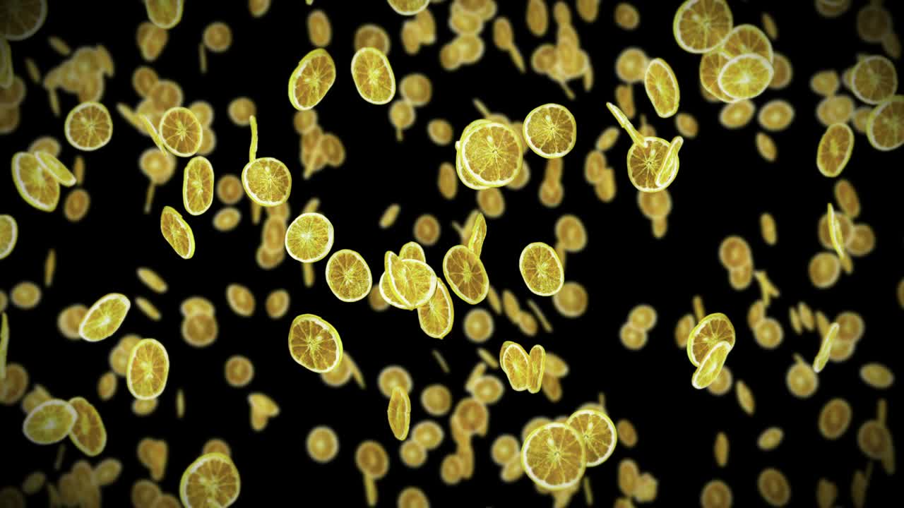 검은 바탕에 많은 건조 레몬을 날아. 탈수 된 과일, 음식 개념. 3d 애니메이션 조각 된 과일 레몬 회전. 루프 애니메이션.