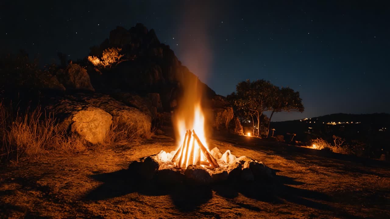 A Tranquil Night Campfire Experience: Vibrant Flames Dance Amidst Nature's Beauty Under a Starry Sky